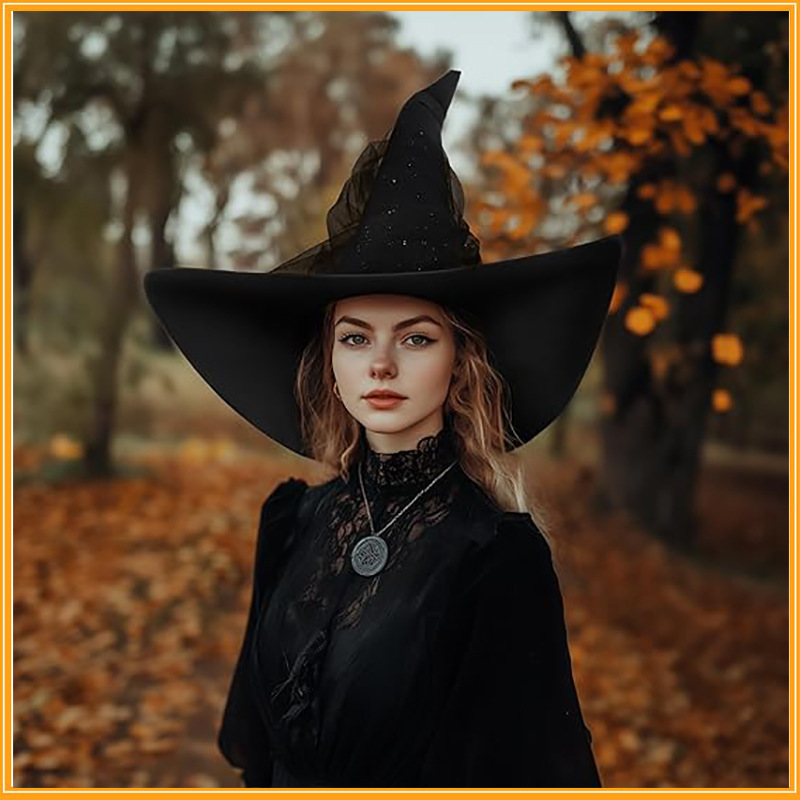 Glitter Tulle Witch Hat Wide Brim Halloween Costume Accessory